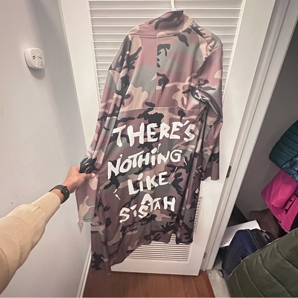 Camouflage Long Coat with Bold Text